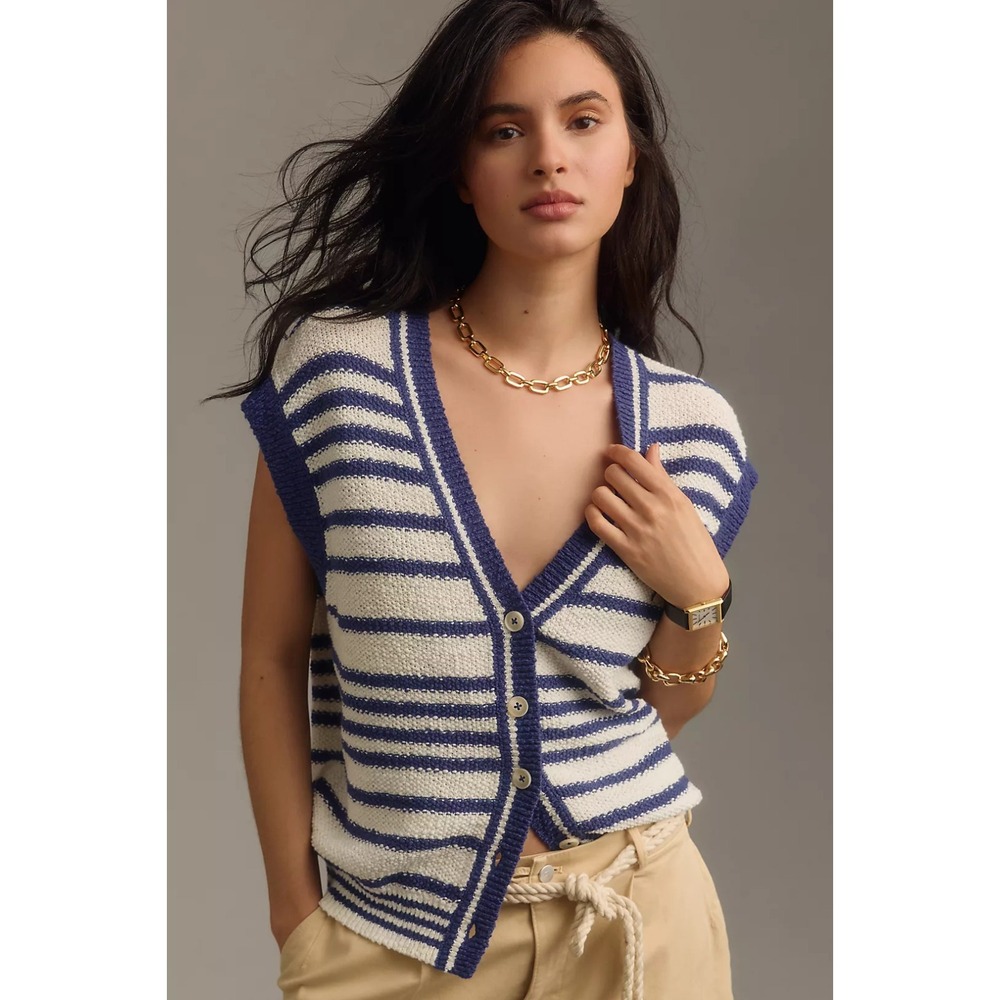 ANTHROPOLOGIE x MAEVE Slouchy Sweater Vest Blue White Stripe Sz L $128 Oversized